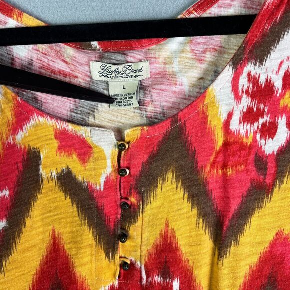 Lucky Brand Top Womens L Pullover Red Yellow Floral Metal Buttons Elastic Hem - Picture 6 of 12